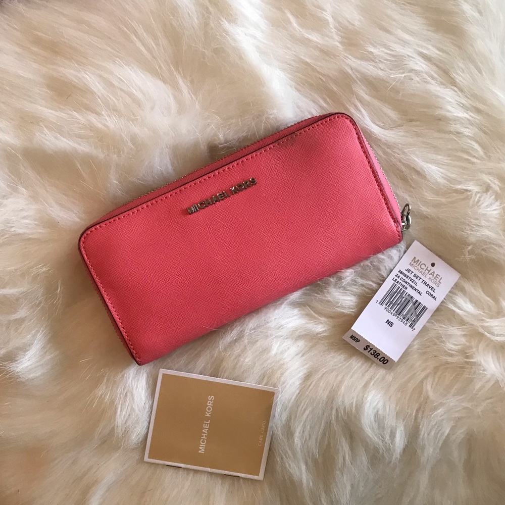 Lovely! Michael Kors jet set zip wallet Hot Coral